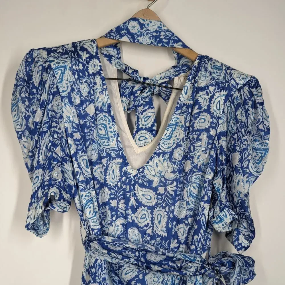 Hemant and Nandita Suho V-Neck Mini Dress Size Small Blue Paisley Preowned - Picture 6 of 12